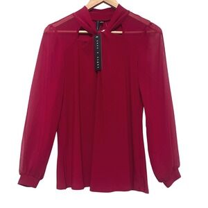 NWT Zero 2 Eight Vibrant Red Sheer‎ Sleeve Twist Neck Romantic Blouse Top Size S